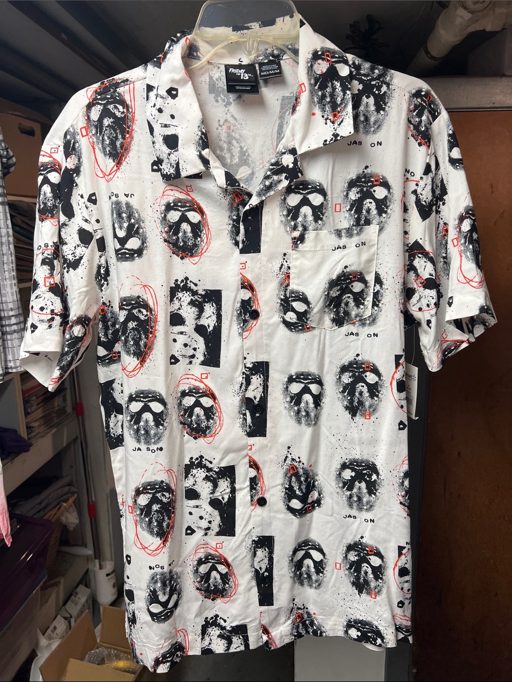 Jason Voorhies Men's Short-Sleeve Button-Up Shirt in White/red/black